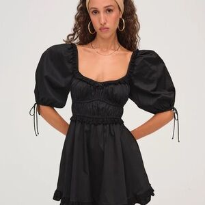 For Love & Lemons Short Puff Sleeve Coquette Bow V Neck Ruched Mini Dress XXS